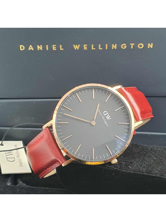 New Men`s Daniel Wellington Black face Leather Strapped Watch | Red